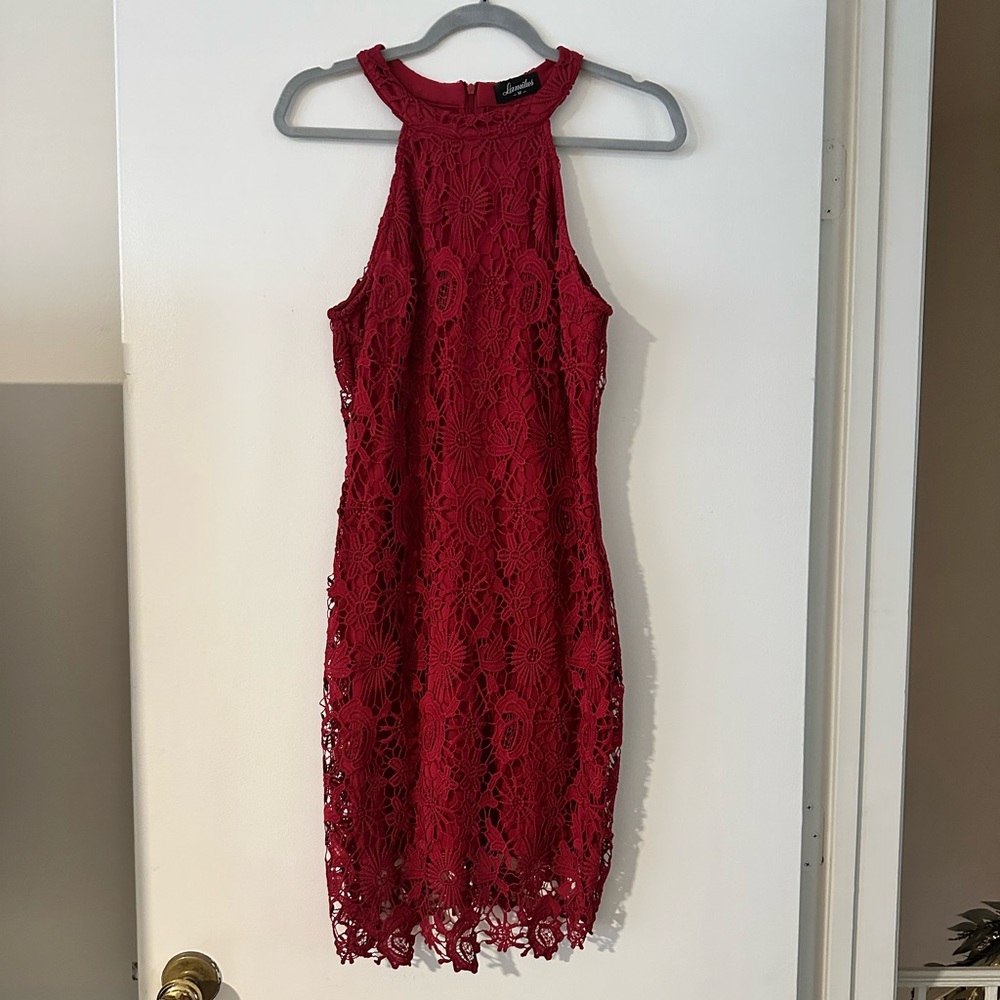 Elegant Red Lace-Crochet Halter Dress